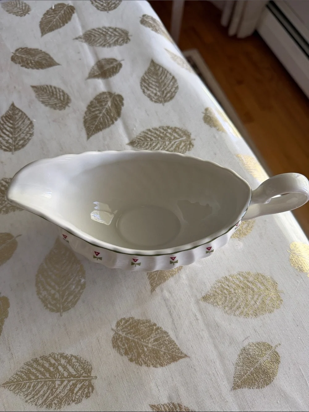 Laura Ashley thistle Gravy Boat with Green Rim Small Pink Floral Motif England